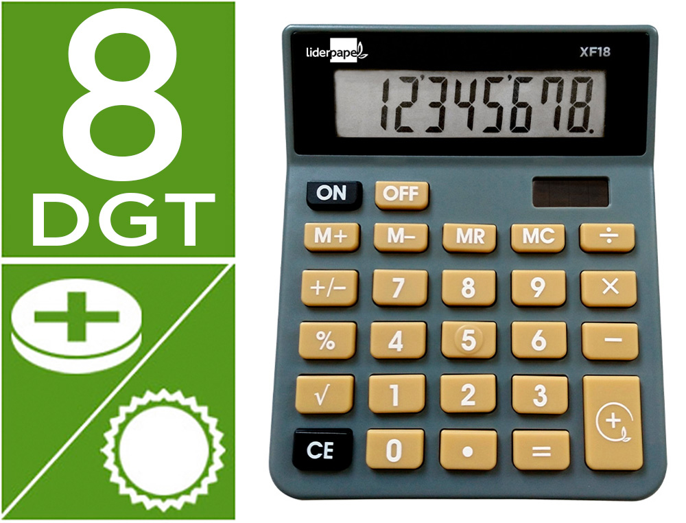 [163483] Calculadora liderpapel sobremesa xf18 8 digitos solar y pilas color gris 127x105x24 mm