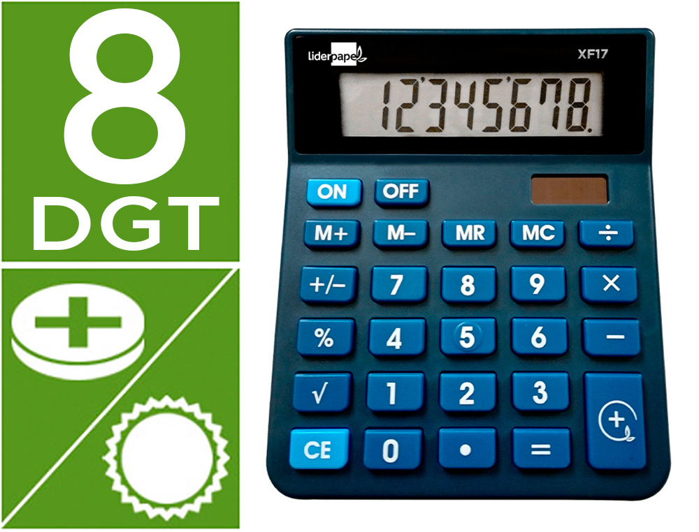 [163482] Calculadora liderpapel sobremesa xf17 8 digitos solar y pilas color azul 127x105x24 mm