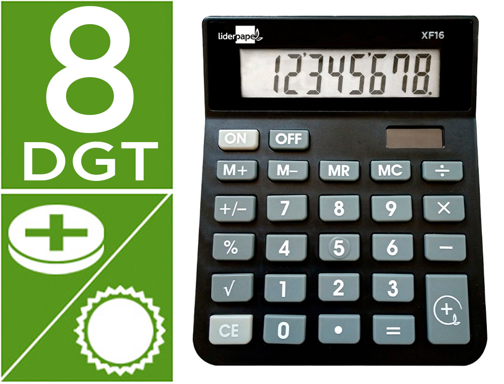 [163481] Calculadora liderpapel sobremesa xf16 8 digitos solar y pilas color negro 127x105x24 mm