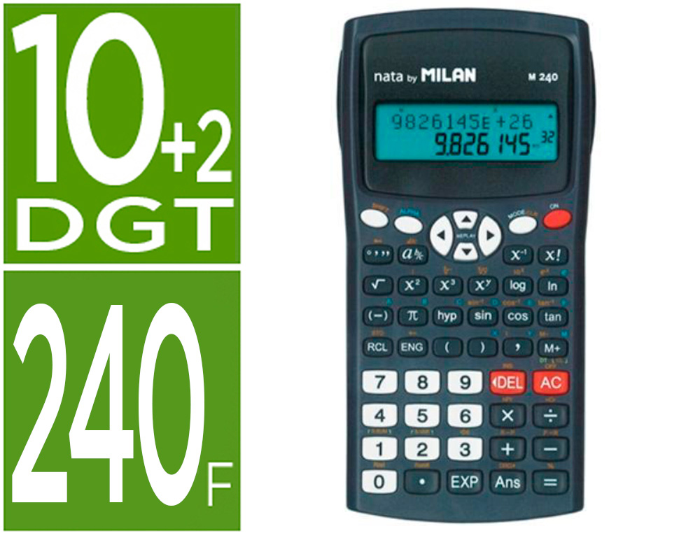 [160413] Calculadora milan cientifica m240 black 2 lineas 240 funciones 10+2 digitos color negra con tapa color gris