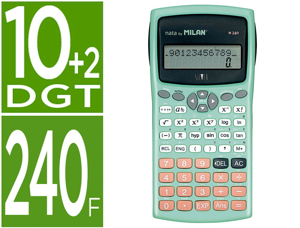 [160412] Calculadora milan cientifica m240 silver 2 lineas 240 funciones 10+2 digitos color verde turquesa con tapa color