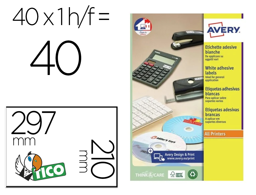 [171447] Etiqueta adhesiva avery blanca brillante laser 210x297 mm caja de 40 unidades