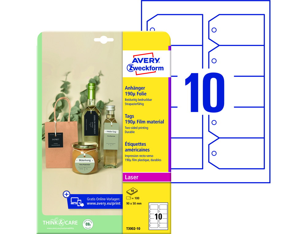 [170825] Etiqueta colgante avery blanca 90x50 mm imprimible doble cara plastico 190 mc pack de 100 unidades