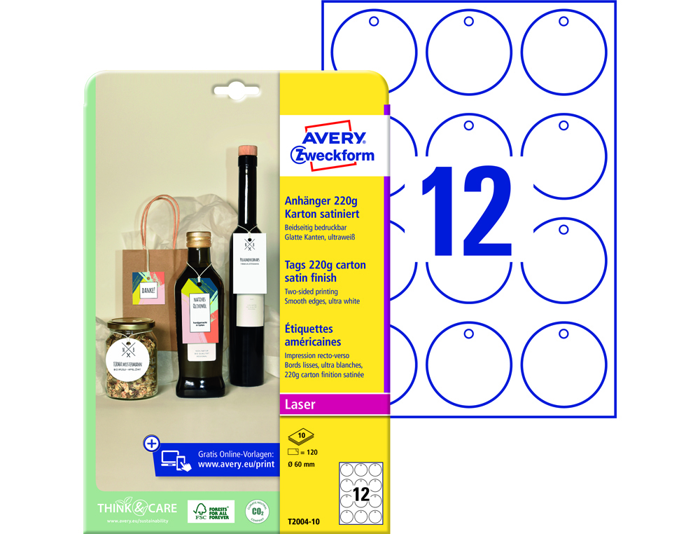 [170824] Etiqueta colgante avery blanca 60 mm diametro imprimible doble cara carton 220 gr pack de 120 unidades