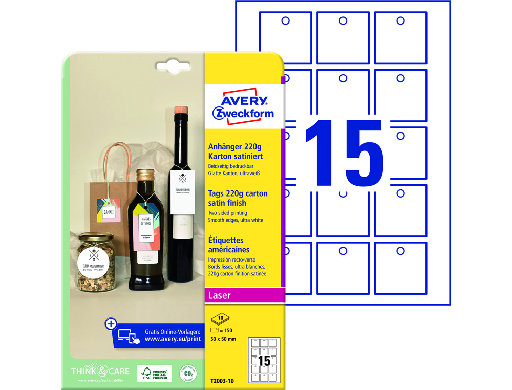 [170823] Etiqueta colgante avery blanca 50x50 mm imprimible doble cara carton 220 gr pack de 150 unidades