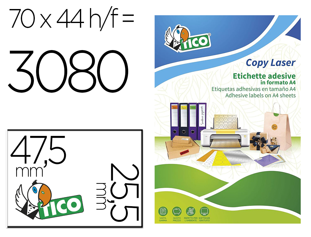 [169472] Etiqueta adhesiva tico rojo fl uorescentes permanente fsc laser/inkjet/fotocopia 47,5x25,5 mmcaja de 3080 unidades