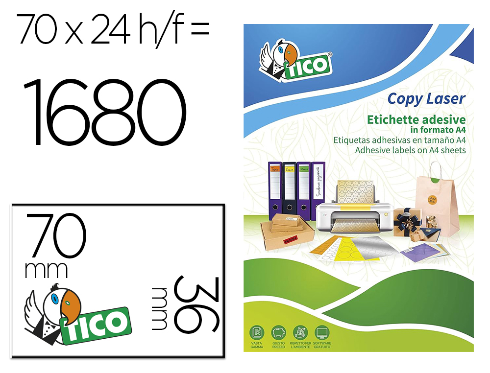 [169461] Etiqueta adhesiva tico verde f luorescentes permanente fsc laser/inkjet/fotocopia 70x36 mmcaja de 1680 unidades