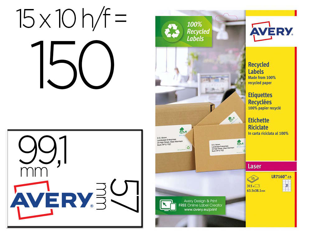 [166546] Etiqueta adhesiva avery blanca permanente reciclada 100% paraimpresora laser 99,1x57 mm caja de 150 unidades