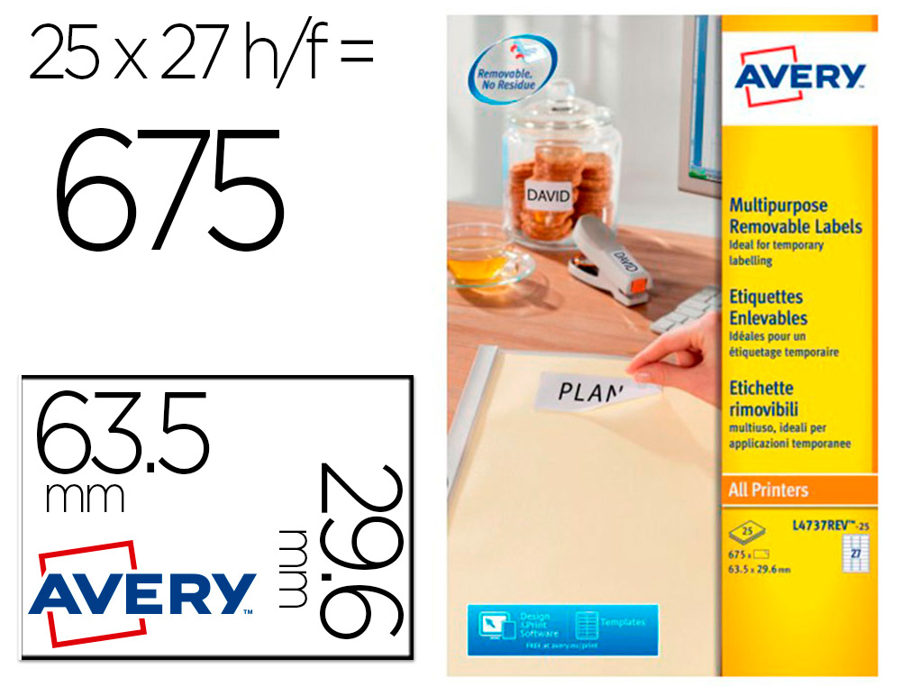 [166542] Etiqueta adhesiva avery blanca removible laser ink-jet fotocopiadora 63,5x29,6 mm caja de 675 unidades