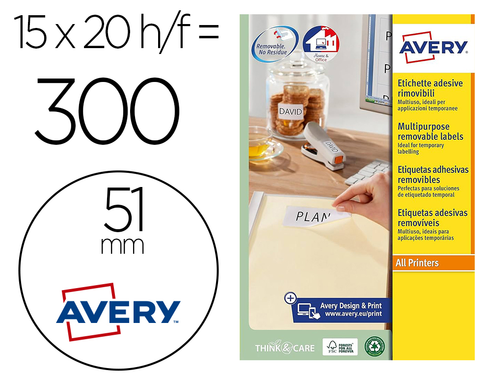 [160304] Etiqueta adhesiva avery blanca redonda removible para laser ink-jet fotocopiadora 51 mm caja de 375 unidades
