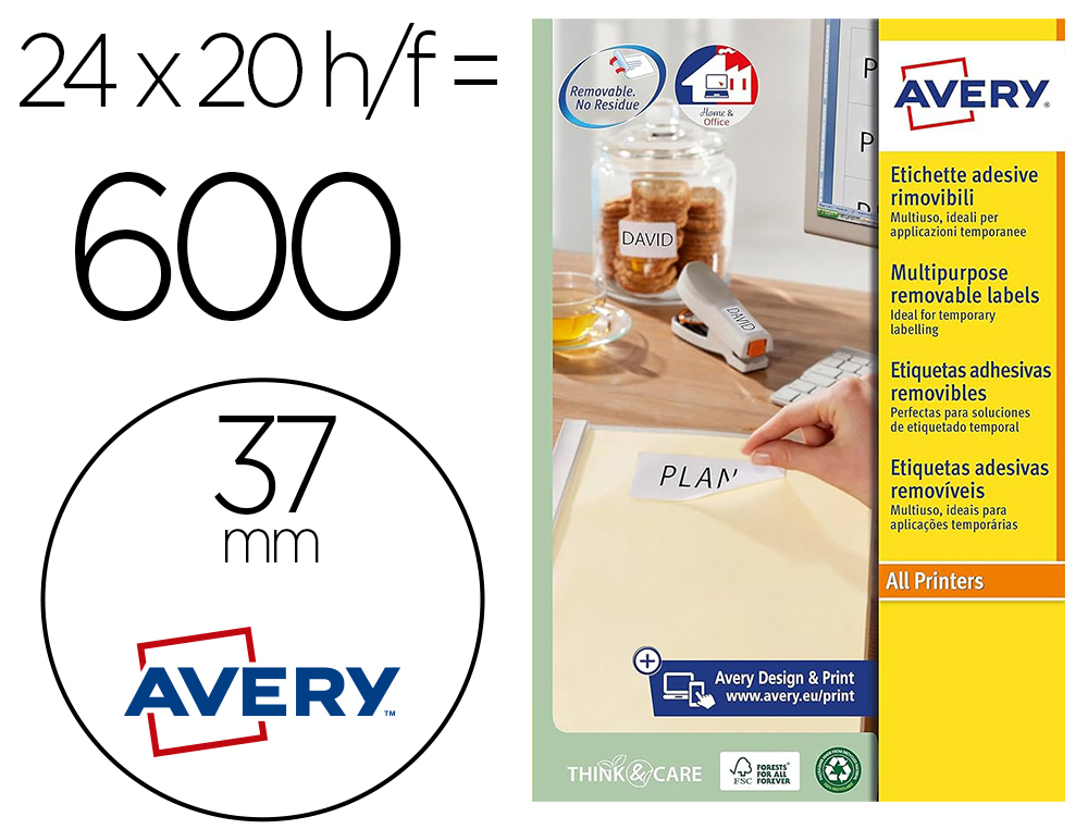 [160303] Etiqueta adhesiva avery blanca redonda removible para laser ink-jet fotocopiadora 37 mm caja de 600 unidades