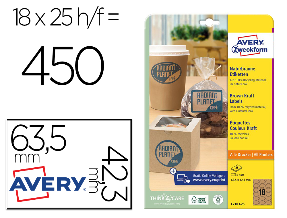 [160298] Etiqueta adhesiva avery kraft efecto carton ovalada 63,5x42,3 mm removible laser ink-jet caja de 320 unidades