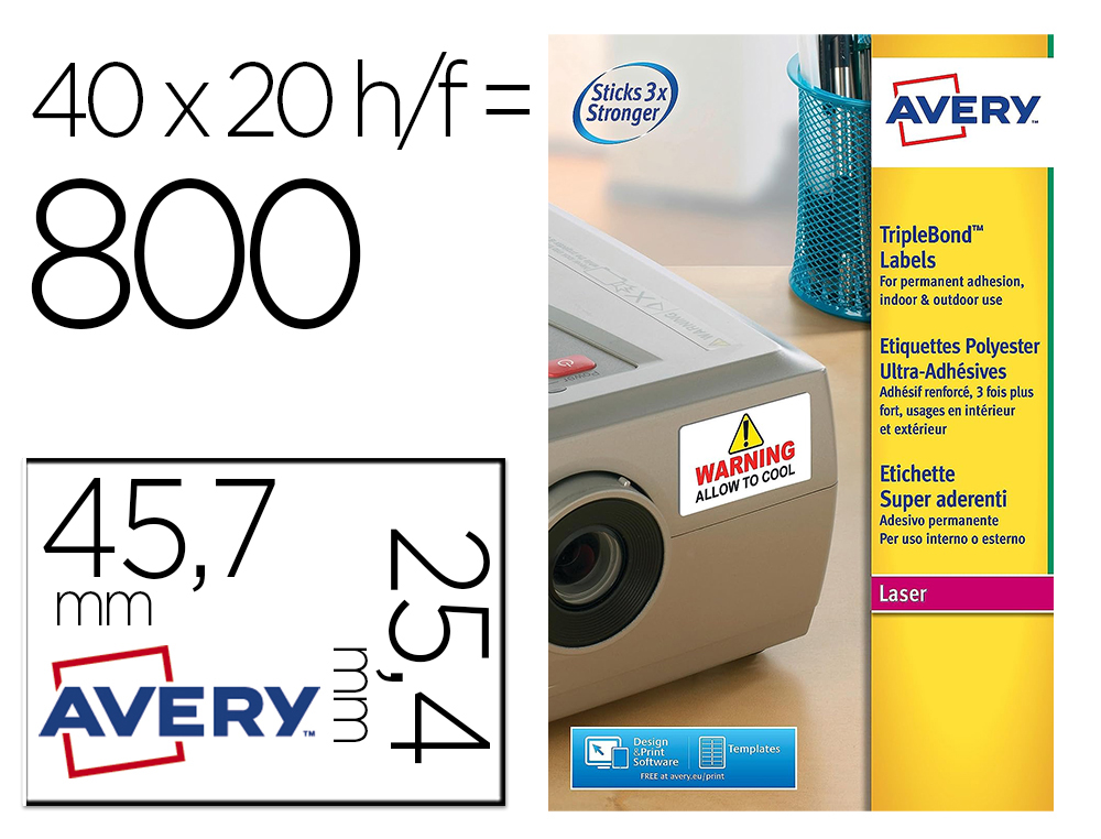 [155338] Etiqueta adhesiva avery poliester super adherente blanca 45,7x25,4 mm laser pack de 800 unidades