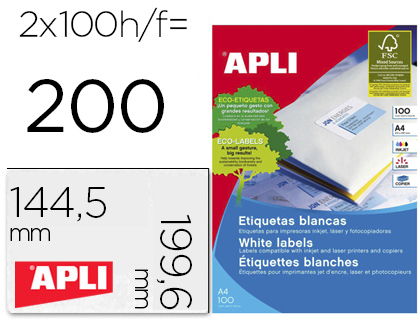 [152626] Etiqueta adhesiva apli 2423 tamaño 199,6x144,5 mm fotocopiadora laser ink-jet caja con 100 hojas din a4