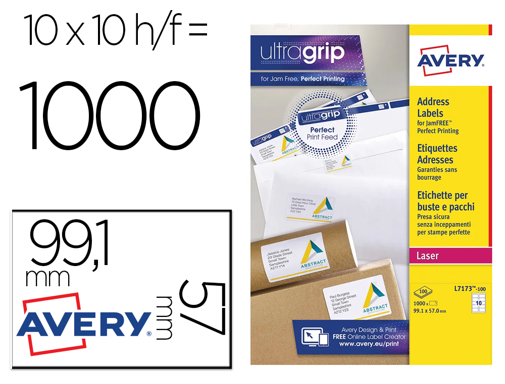 [150467] Etiqueta adhesiva avery blanca tamaño 99,1x57 mm inkjet laser copiadora caja de 1000 unidades