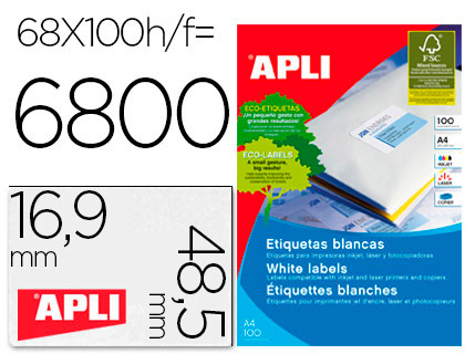 [99055] Etiquetas adhesivas apli 01282 tamaño 48,5x16,9 mm para fotocopiadora laser ink-jet caja de 100h dina4 6800 etiqu