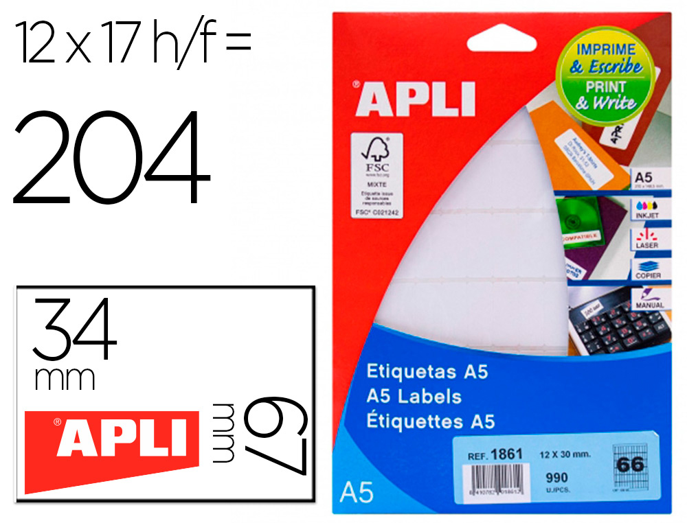 [79554] Etiqueta adhesiva apli blanca 12x30 mm sobre a5 de 990 unidades