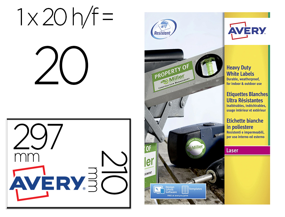 [79220] Etiqueta adhesiva resistente avery poliester blanca 210x297 mm laser pack de 20 unidades