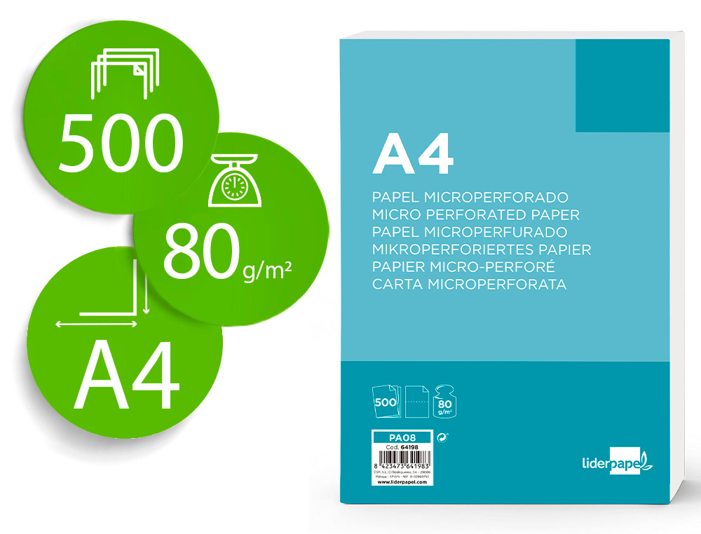 [64198] Papel liderpapel a4 80g/m2 liso microperforado en dos partes iguales paquete de 500 hojas