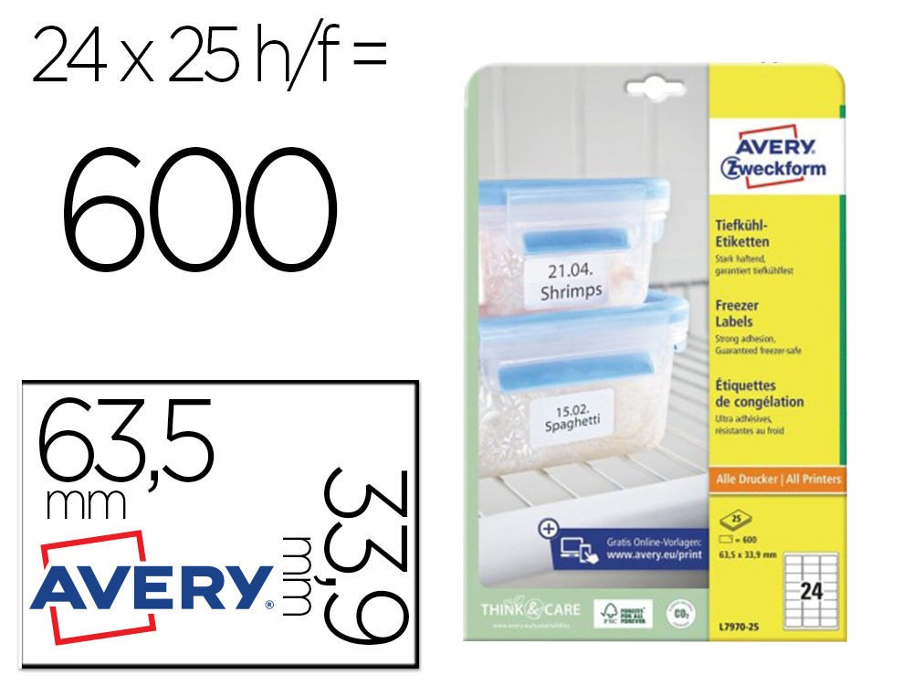 [63330] Etiqueta adhesiva avery para congelador blanca 63,5x33,9 mm ink-jet laser fotocopiadorapack de 600 unidades