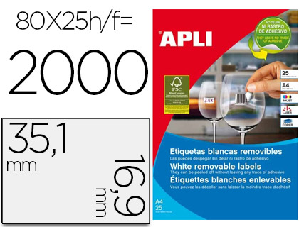 [62821] Etiqueta adhesiva apli 35,6x16,9 mm fotocopiadora laser inkjet caja 25 hojas din a4 con 2000 etiquetas