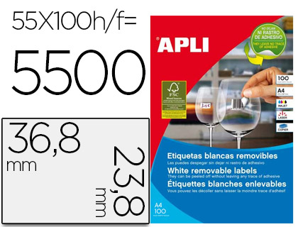 [62820] Etiqueta adhesiva apli 36,8x23,8 mm fotocopiadora laser inkjet caja 100 hojas din a4 con 5500 etiquetas