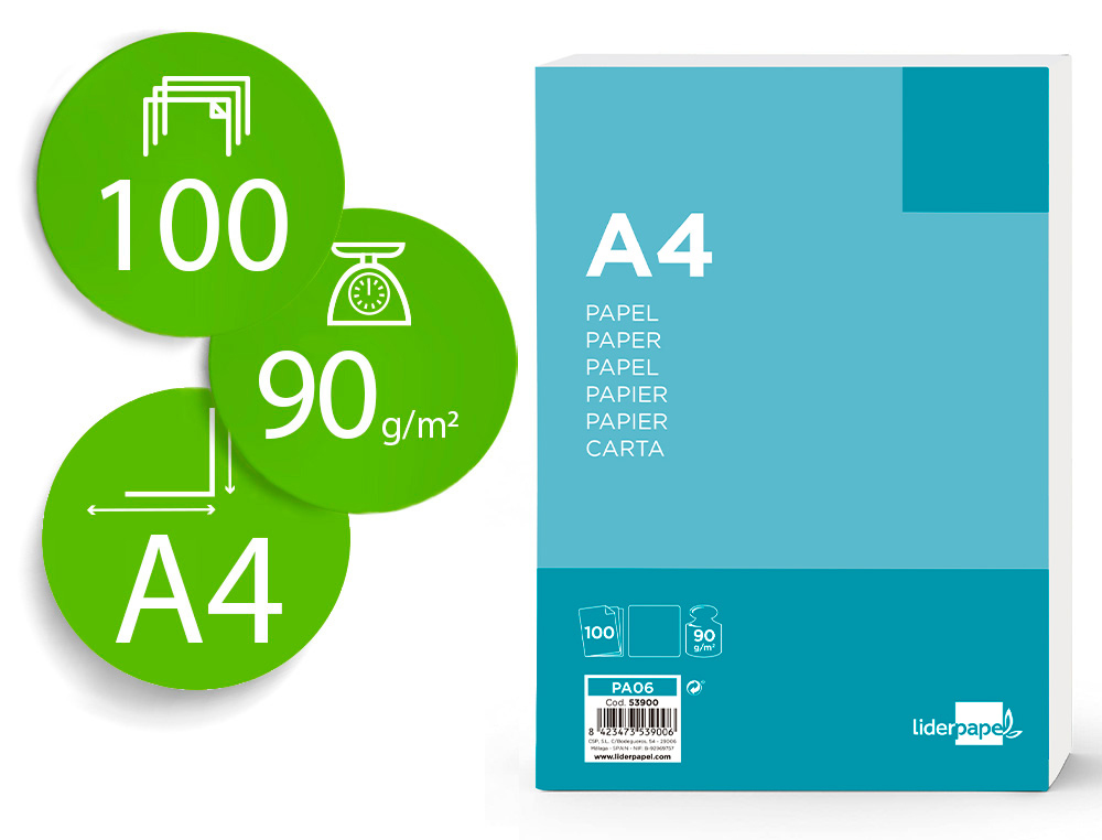[53900] Papel liderpapel a4 90g/m2 liso paquete de 100 hojas