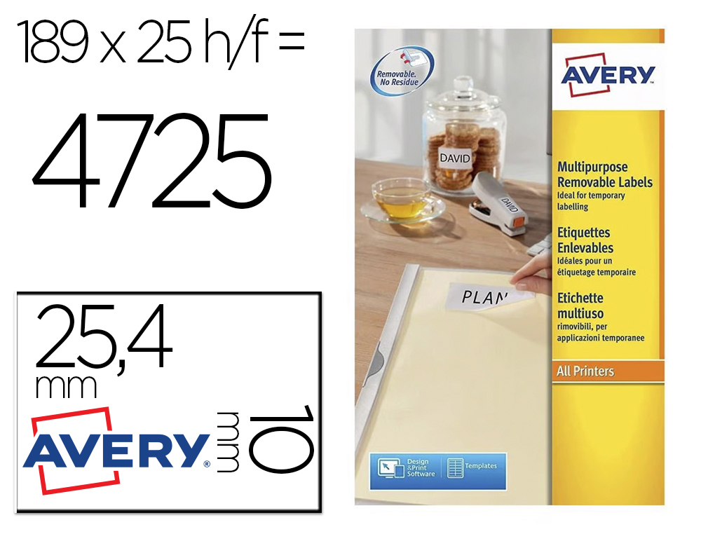 [34971] Etiqueta adhesiva avery removible tamaño 25,4x10 mm caja de 4725 unidades