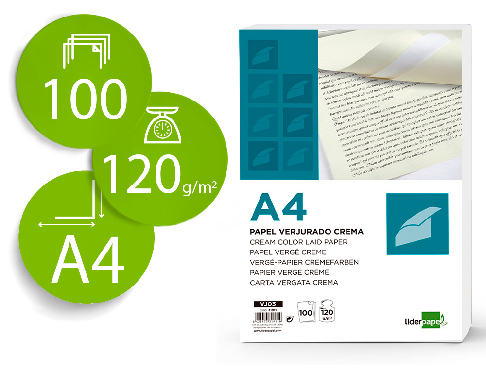 [31911] Papel verjurado liderpapel a4 120g/m2 crema paquete de 100 hojas