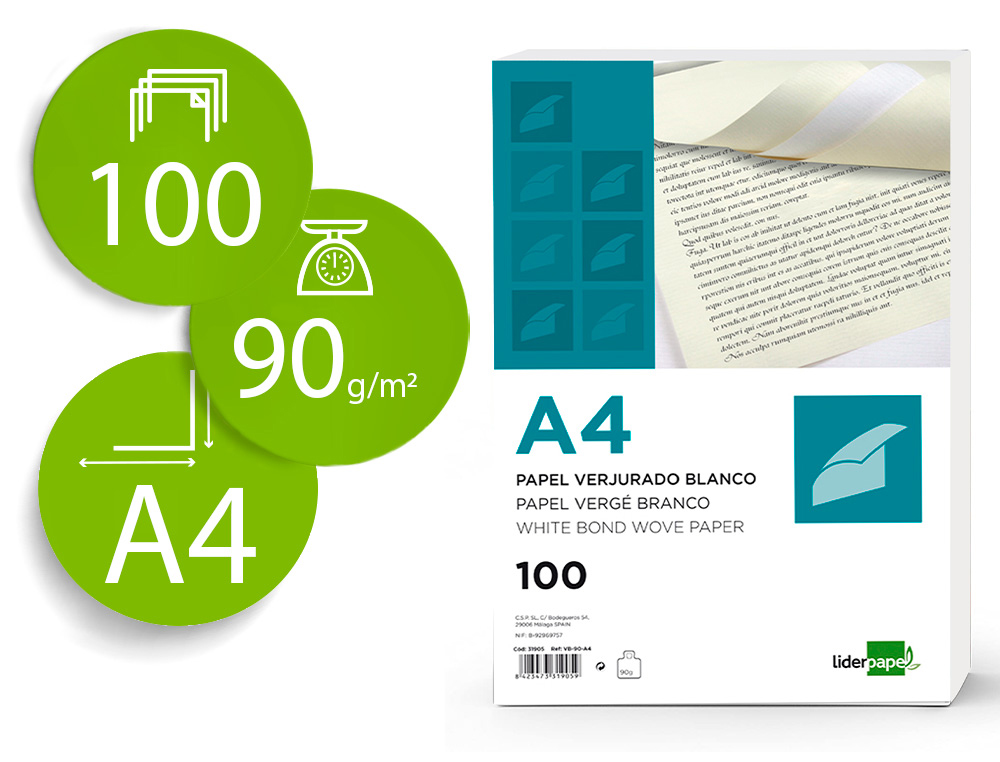 [31909] Papel verjurado liderpapel a4 90g/m2 crema paquete de 100 hojas