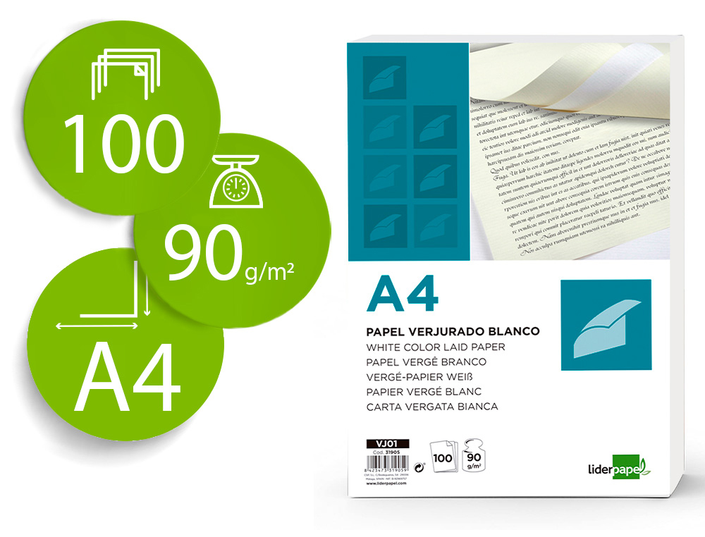[31905] Papel verjurado liderpapel a4 90g/m2 blanco paquete de 100 hojas