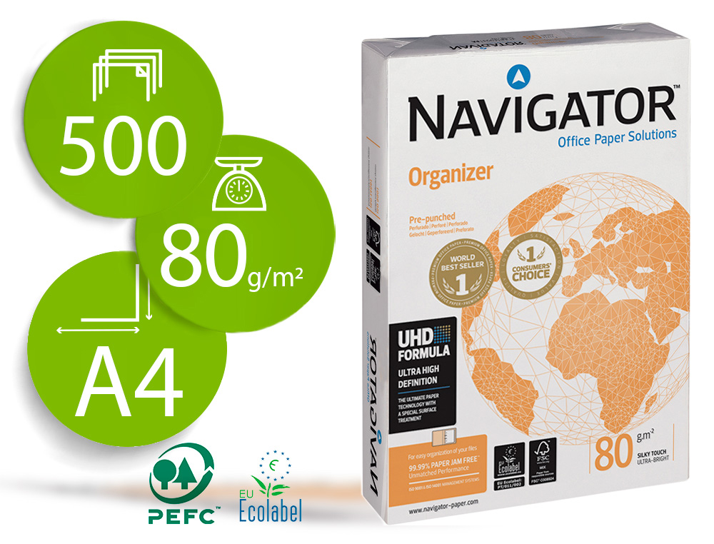[28237] Papel fotocopiadora navigator din a4 80 gramos 4 taladros papel multiuso ink-jet y laser paquete de 500 hojas