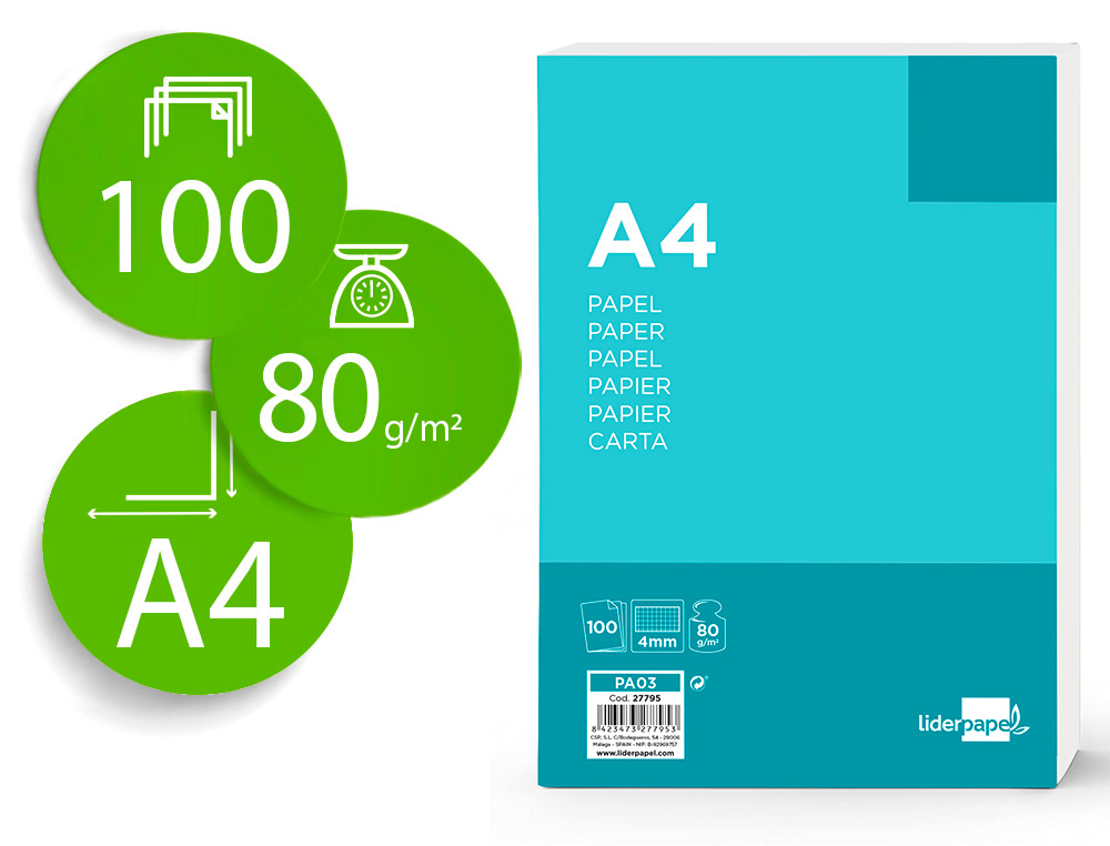 [27795] Papel liderpapel a4 80g/m2 sin taladros cuadro 4 mm paquete de 100 hojas