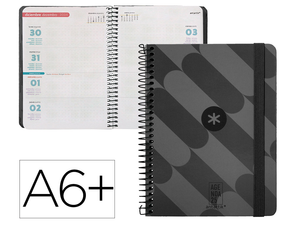 [170554] Agenda espiral antartik pattern a6+ 2025 semana vista color negro papel 80 gr
