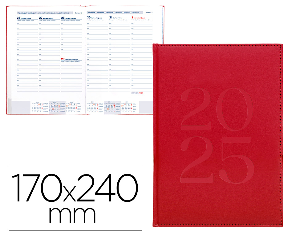 [170498] Agenda encuadernada liderpapel creta 170x240 mm 2025 semana vista color rosa buganvilla papel 70 gr