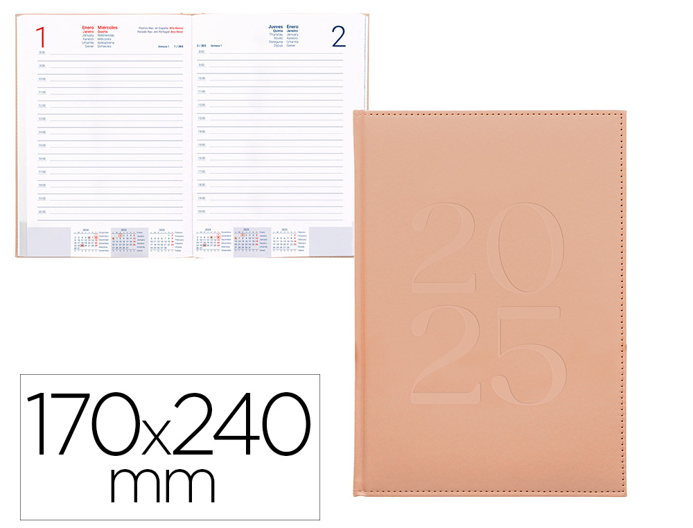 [170490] Agenda encuadernada liderpapel creta 170x240 mm 2025 dia pagina color rosa nude papel 70 gr