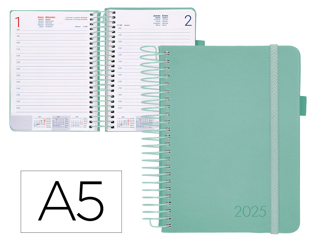 [170454] Agenda encuadernada liderpapel neon a5 2025 día página color verde papel 70 gr