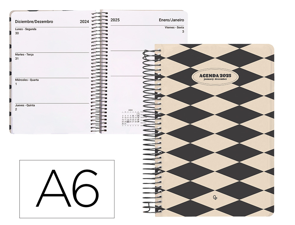 [170395] Agenda espiral liderpapel classic a6 2025 semana vista color blanco y negro 1 papel 70 gr
