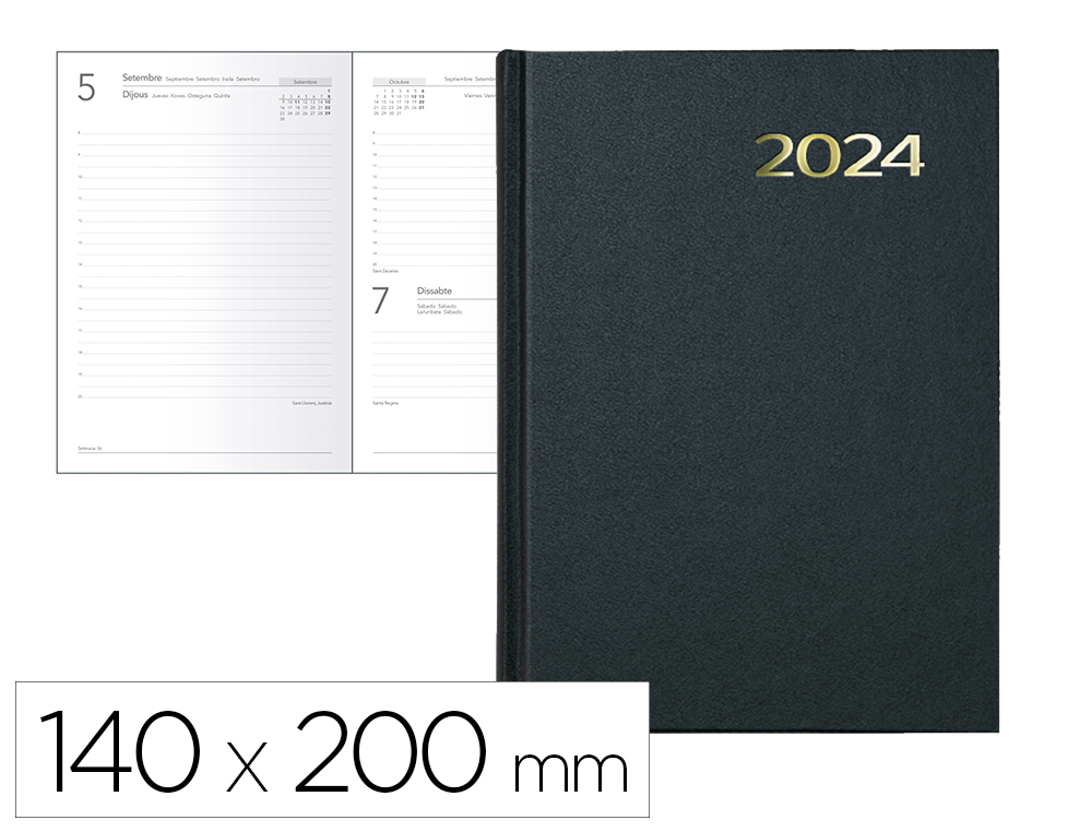 [167044] Agenda encuadernada liderpapel jalki 14x20 cm 2024 dia pagina color negro papel 70 grtexto en catalan