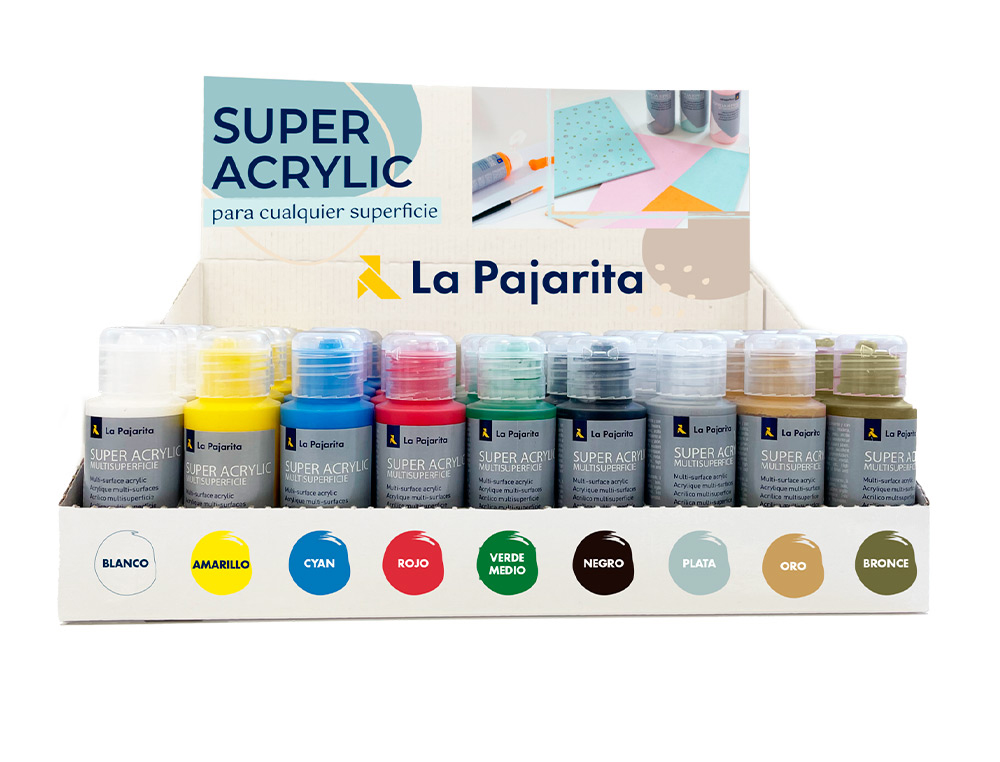 [165189] Pintura la pajarita super acrilica bote 60 ml expositor de sobremesa 54 unidades colores surtidos