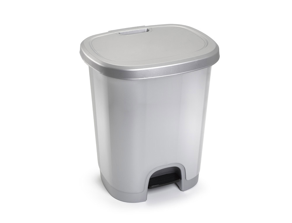 [158565] Papelera contenedor plasticforte plastico con tapadera y pedal 27 litros color plata 380x320x450 mm