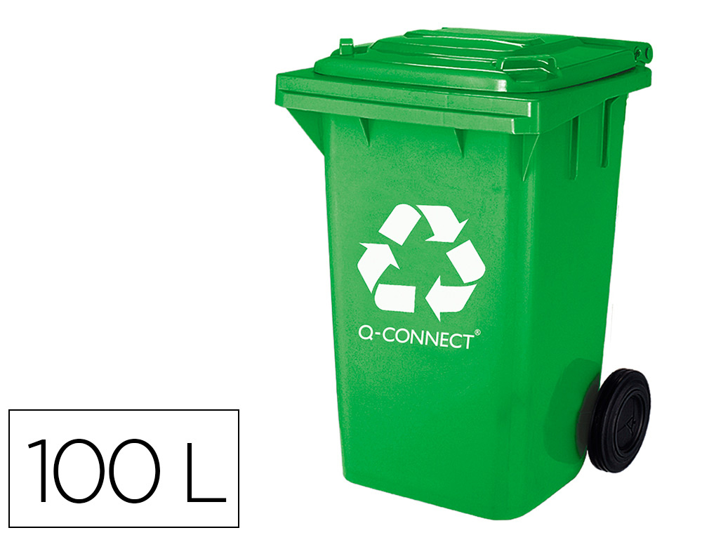 [72481] Papelera contenedor q-connect plastico verde para envases de vidrio 100l con tapa y ruedas 750x470x370 mm