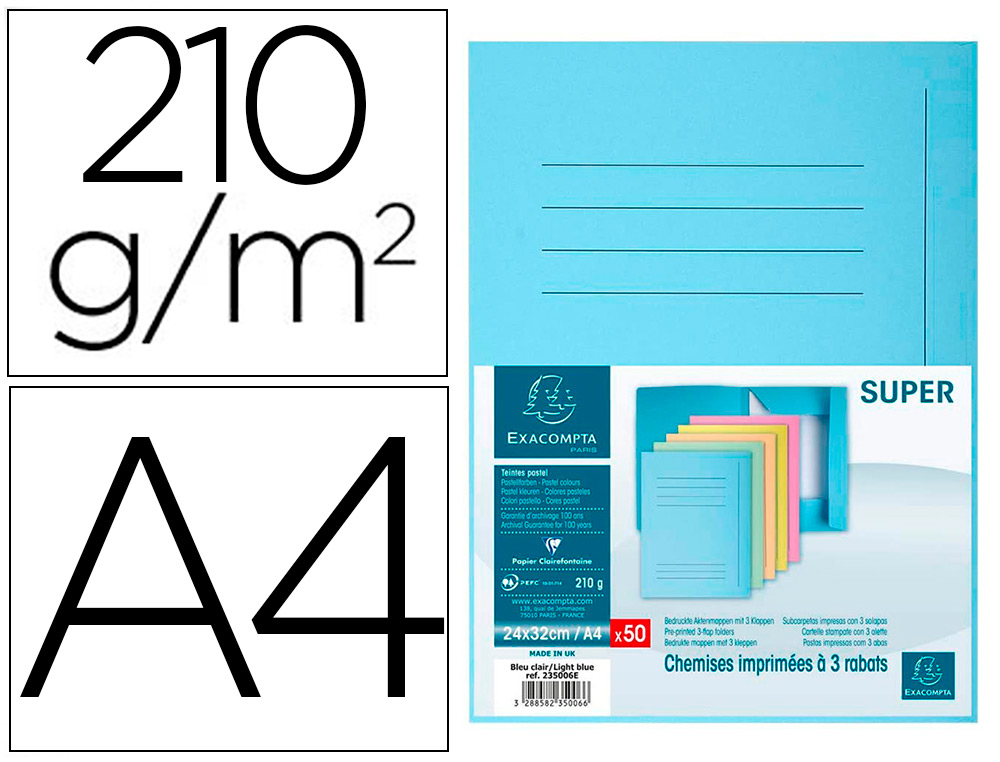 [10101] Subcarpeta cartulina con 3 solapas exacompta din a4 impresa azul claro 210 gr