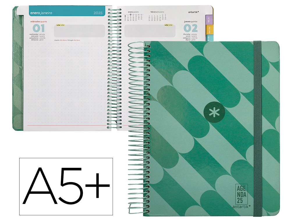 [170552] Agenda espiral antartik pattern a5+ 2025 dia pagina color verde papel 80 gr