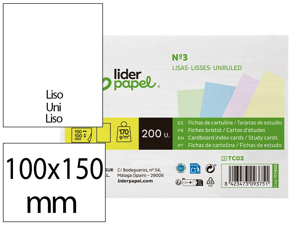[171400] Tarjeta liderpapel para estudiar lisa cartulina de colores 170gr 100x150mm paquete de 200 unidades