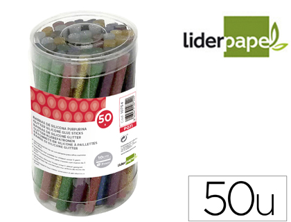 [10754] Barra termofusible purpurina liderpapel 7 mm diametro x 100 mm de alto bote 50 unidades colores surtidos