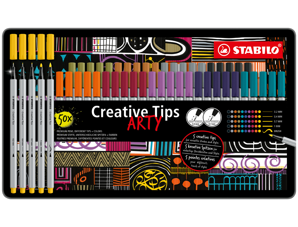 [171098] Rotulador stabilo creative tips arty line pastel 5 puntas diferentes por color estuche metalico de 30