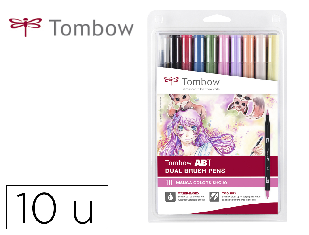 [167512] Rotulador tombow abt dual brush acuarelable doble punta fina/pincel estuche de 10 colores manga shojo
