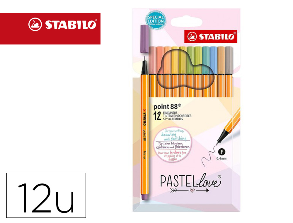 [167475] Rotulador stabilo punta de fibra point 88 pastel love estuche de carton de 12 unidades colores surtidos