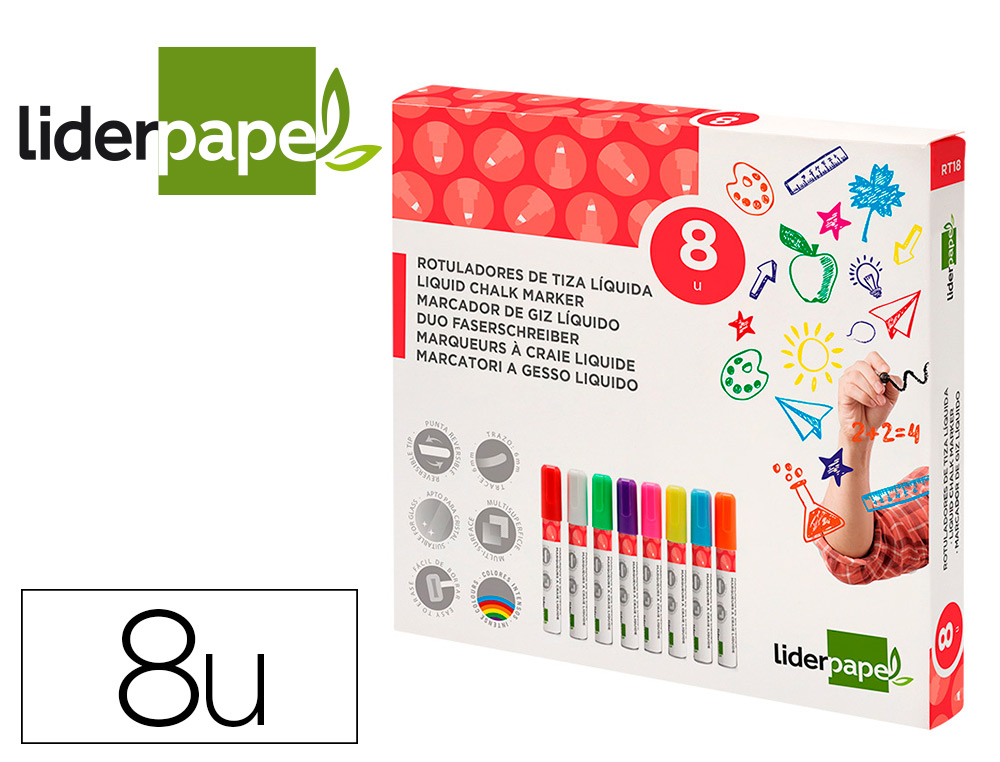 [163642] Rotulador liderpapel tiza liquida punta redonda trazo 6 mm caja de 8 unidades colores surtidos